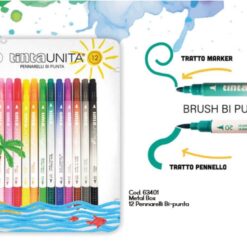 Set 12 Pennarelli Brush Bi Punta in Scatola di Metallo Tinta Unita