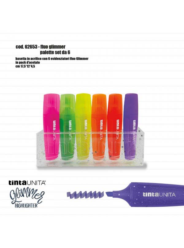 Set-6-Evidenziatori-Fluo-Glimmer-Tinta Unita